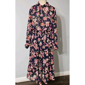 Stella & Julie Navy Floral Long-Sleeve Smocked Waist Ruffle Midi‎ Dress